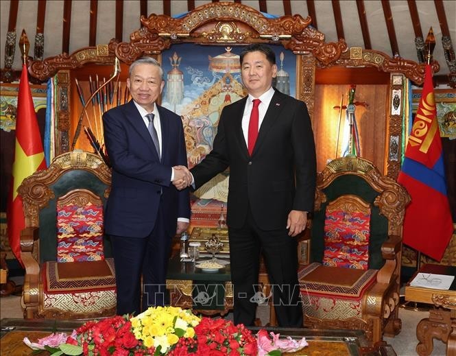 El secretario general del Partido Comunista y presidente de Vietnam, To Lam, se reúne con el presidente mongol, Ukhnaagiin Khurelsukh. (Fotografía: VNA)