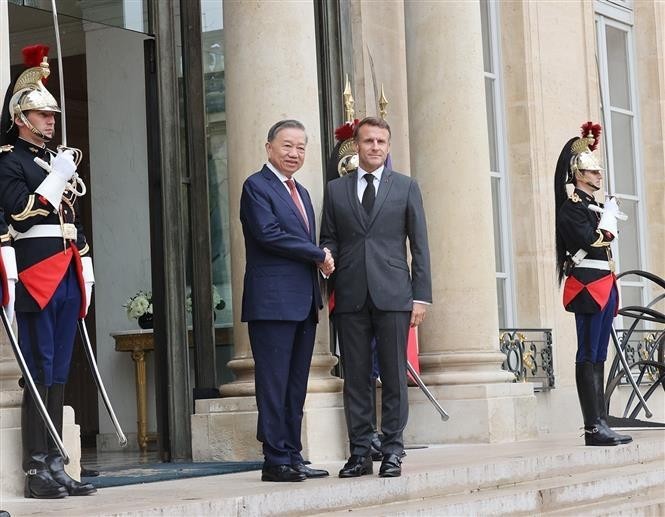 El secretario general del Partido Comunista de Vietnam y jefe de Estado, To Lam (izquierda), y el presidente francés, Emmanuel Macron. (Fotografía: VNA)