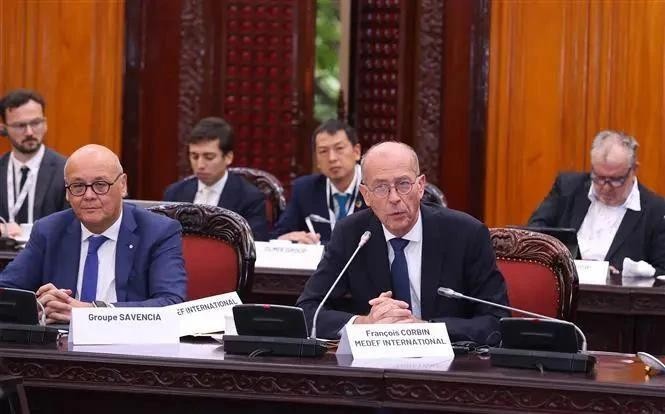 Francois Corbin, vicepresidente del Medef y representante especial del Ministro de Relaciones Exteriores y de Europa de Francia para las relaciones económicas en la región de la Asean, interviene en la reunión. (Fotografía: VNA)