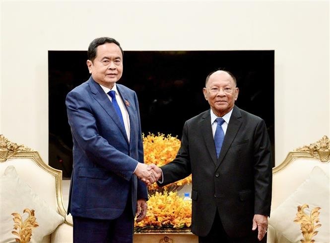 El presidente de la Asamblea Nacional de Vietnam, Tran Thanh Man (izquierda), se reúne con el expresidente de la Asamblea Nacional de Camboya, Samdech Heng Samrin. (Fotografía: VNA)