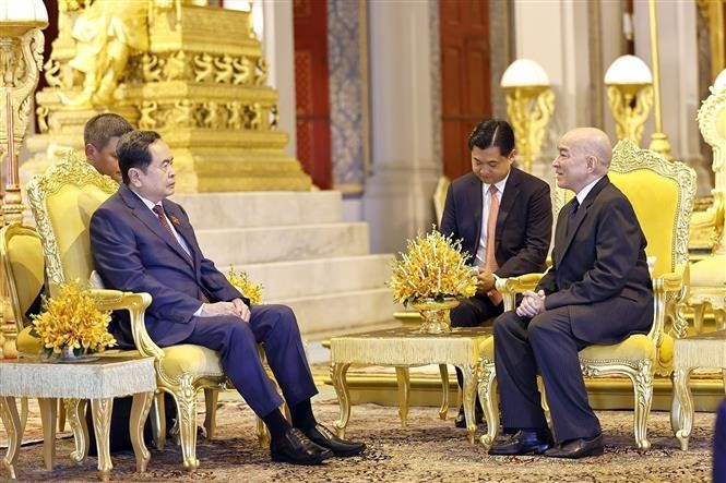 El presidente de la Asamblea Nacional de Vietnam, Tran Thanh Man (izquierda), conversa con el rey de Camboya, Norodom Sihamoni. (Fotografía: VNA)