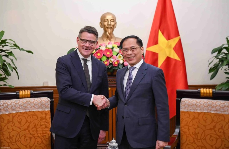 El vice primer ministro y canciller de Vietnam, Bui Thanh Son. y Boris Rhein, ministro-presidente del estado alemán de Hesse. (Fotografía: baoquocte.vn)