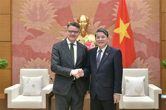 El vicetitular de la Asamblea Nacional de Vietnam Nguyen Duc Hai (derecha) recibe al ministro-presidente del estado alemán de Hesse, Boris Rhein. (Fotografía: VNA)