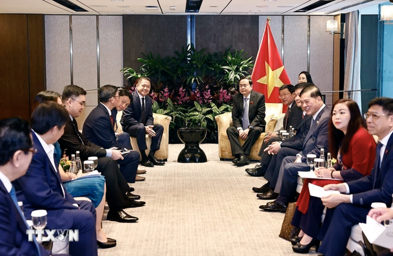 Escena de la reunión entre el presidente de la Asamblea Nacional de Vietnam, Tran Thanh Man, y Kevin Chng, director financiero del Grupo Keppel. (Fotografía: VNA)