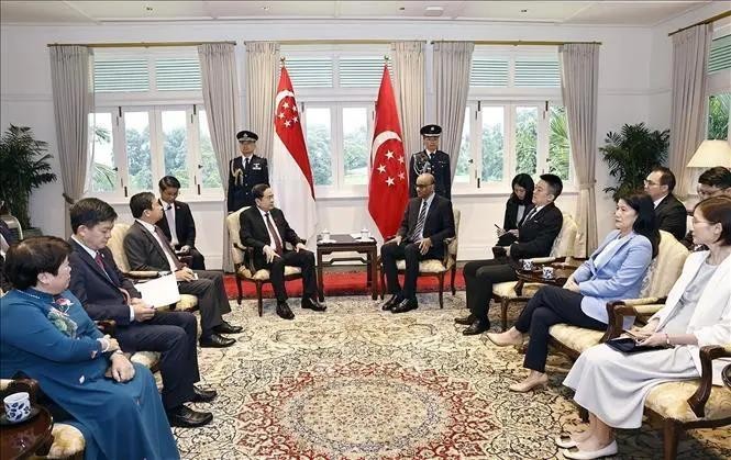 El titular de la Asamblea Nacional de Vietnam, Tran Thanh Man, se reúne con el presidente de Singapur, Tharman Shanmugaratnam. (Fotografía: VNA)