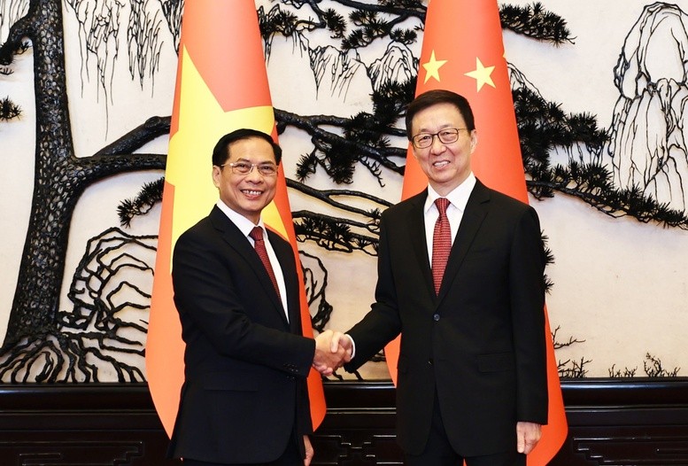 El vice primer ministro y canciller de Vietnam, Bui Thanh Son (izquierda), recibe al vicepresidente de China, Han Zheng. (Fotografía: VGP)