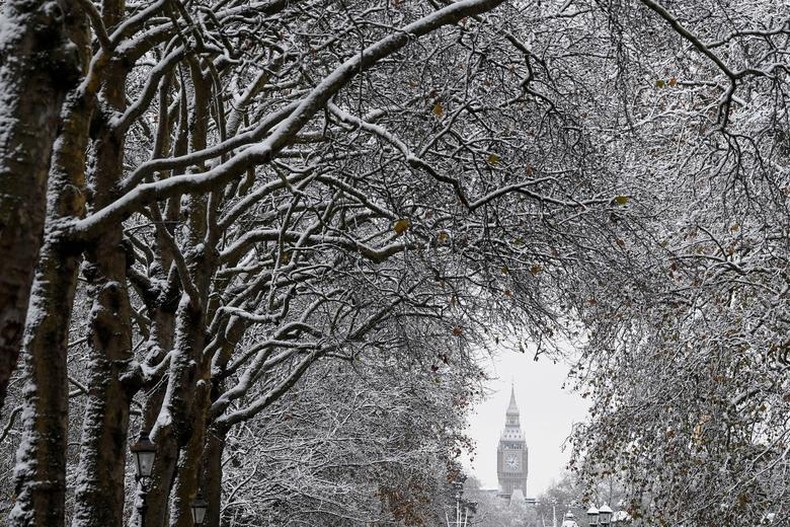 La nieve cubre los árboles frente a la torre del reloj Big Ben en Londres (Inglaterra).