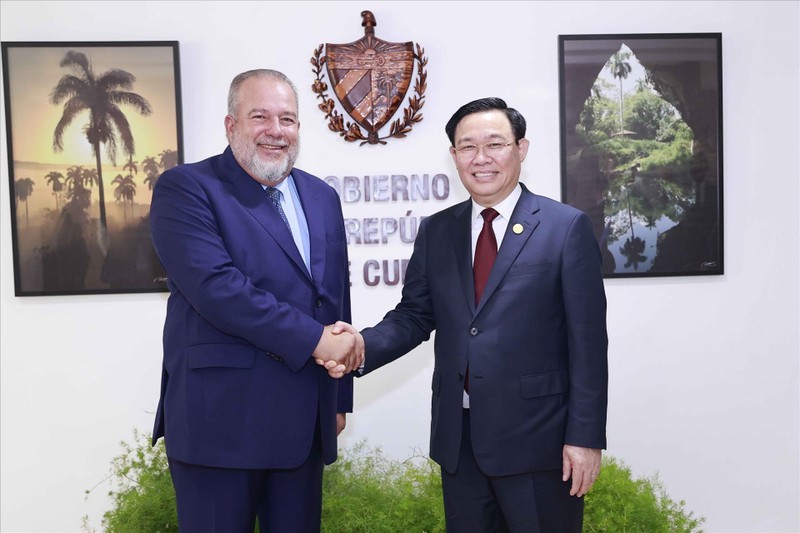 El presidente de la Asamblea Nacional, Vuong Dinh Hue, y el primer ministro cubano, Manuel Marrero Cruz, asisten al foro. (Fotografía: VNA)