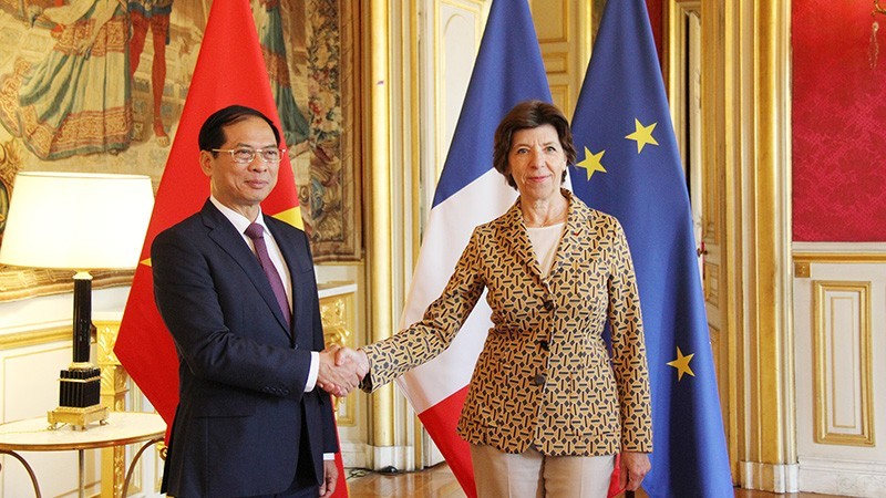 El canciller vietnamita, Bui Thanh Son, y la ministra francesa para Europa y de Asuntos Exteriores, Catherine Colonna. (Fotografía: VNA)