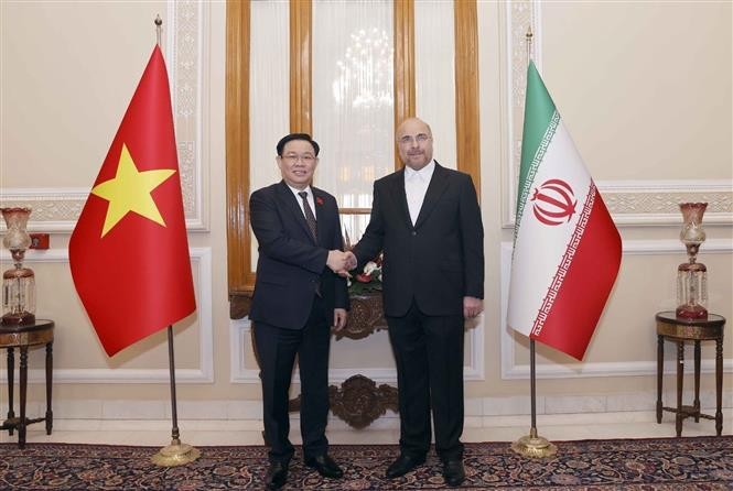 El presidente de la Asamblea Nacional de Vietnam, Vuong Dinh Hue (izquierda), y el titular de la Asamblea Consultiva Islámica de Irán, Mohammad Bagher Ghalibaf. (Fotografía: VNA)