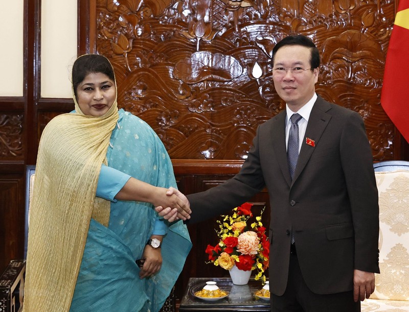 El presidente vietnamita, Vo Van Thuong, recibe a la embajadora de Bangladesh, Samina Naz. (Fotografía: VNA)