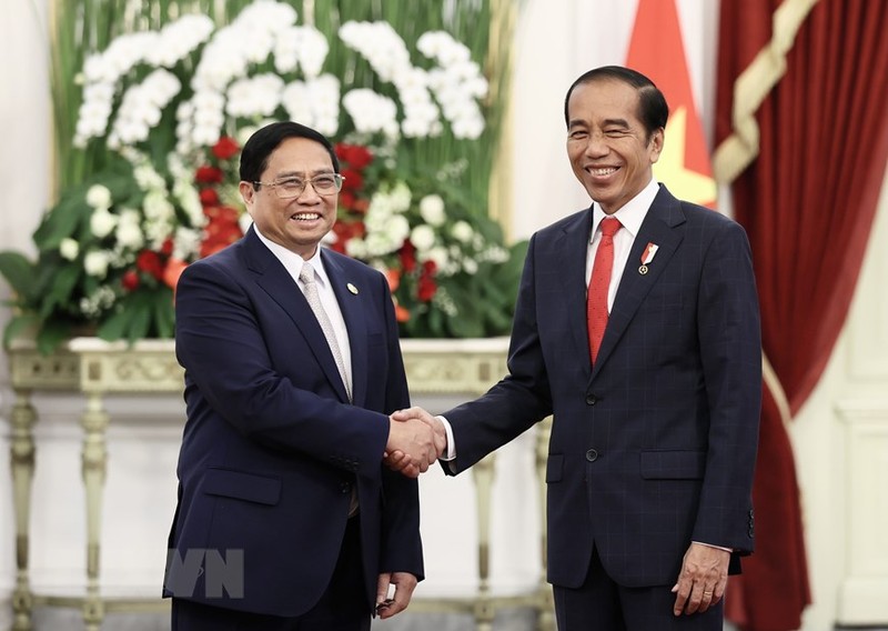El primer ministro vietnamita, Pham Minh Chinh (izquierda), y el presidente indonesio, Joko Widodo. (Fotografía: VNA)