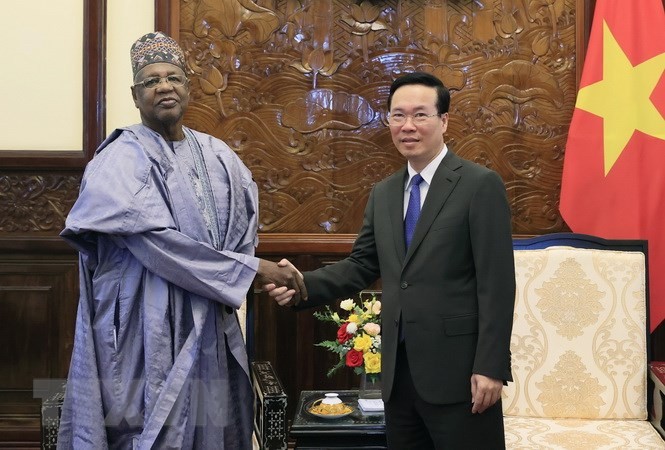 El presidente de Vietnam, Vo Van Thuong, recibe al embajador de Nigeria en Hanoi, Adamu Mamani. (Fotografía: VNA)