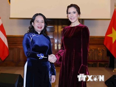 La vicepresidenta Vo Thi Anh Xuan y la princesa heredera danesa Mary Elizabeth en la celebración del décimo aniversario del establecimiento de la Asociación Integral Vietnam-Dinamarca. (Fotografía: VNA)