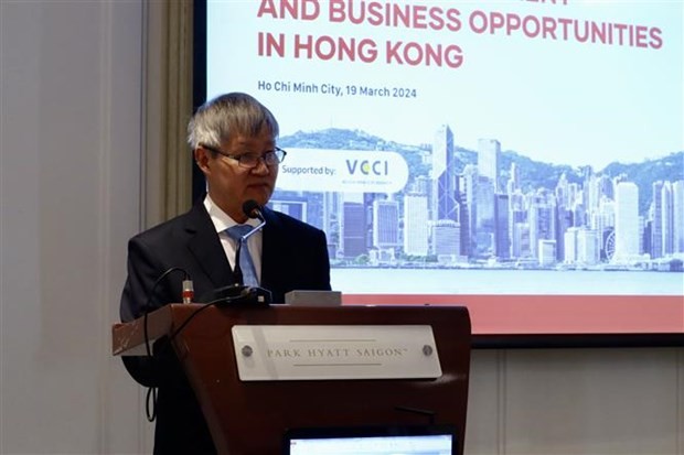 El vicepresidente de la Cámara de Comercio e Industria de Vietnam (VCCI), Vo Tan Thanh, habla en la reunión. (Fotografía: VNA)