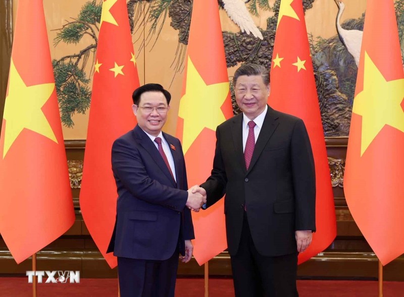 El presidente de la Asamblea Nacional de Vietnam, Vuong Dinh Hue, y el el secretario general del Partido Comunista y presidente de China, Xi Jinping. (Fotografía: VNA)