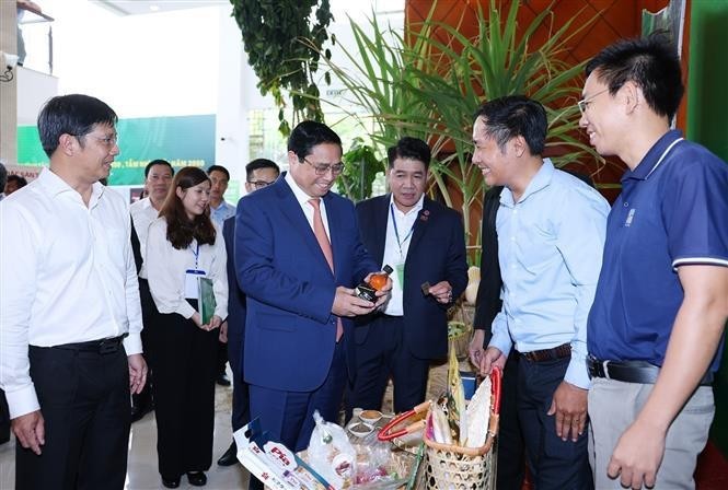 El primer ministro Pham Minh Chinh visita la exhibición de productos agrícolas de la provincia de Tay Ninh. (Fotografía: VNA)