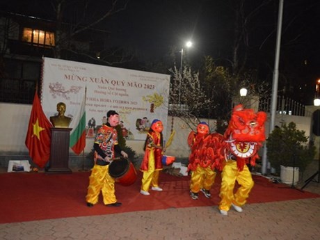 Espectáculo de danza del león para dar la bienvenida al Año Nuevo Lunar 2023 en la Embajada de Vietnam en Bulgaria. (Fotografía: Periódico de la Juventud)