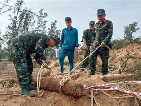Soldados desactivan la bomba de 150 kg en la provincia de Tra Vinh. (Foto: VNA)