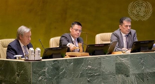 Vicepresidente de la Asamblea General de la ONU, el embajador Dang Hoang Giang, jefe de la delegación de Vietnam ante este órgano multilateral, Dang Hoang Giang, presidió la sesión (Foto: VNA)Hanoi, 30 mar (VNA) La Asamblea General de las 