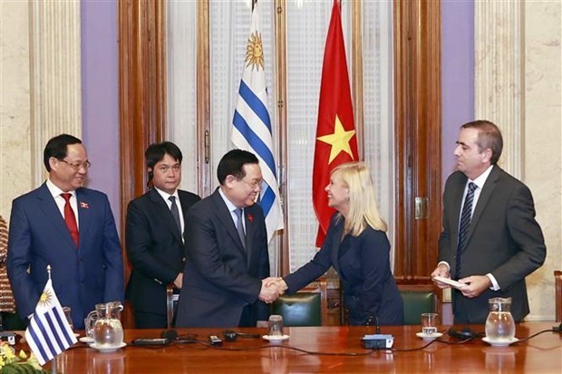 El presidente de la Asamblea Nacional de Vietnam, Vuong Dinh Hue, sostiene conversaciones con los dirigentes de las Cámaras de Senadores y Representantes de Uruguay. (Foto: VNA) 