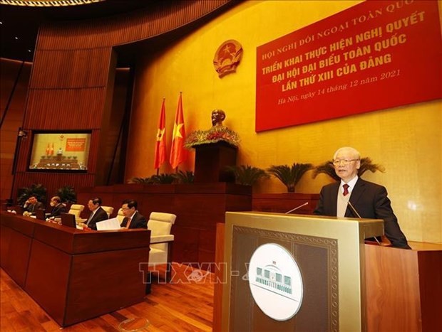 El secretario general del Partido Comunista de Vietnam (PCV), Nguyen Phu Trong, en la Conferencia Nacional de Asuntos Exteriores para implementar la Resolución del XIII Congreso Nacional celebrado en 2021 (Foto:VNA)