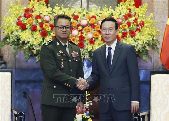 El presidente de Vietnam, Vo Van Thuong (derecha), recibe al viceprimer ministro y titular de Defensa de Camboya, general Tea Seiha (Foto: VNA)