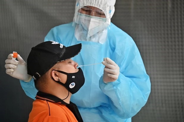 Un trabajador sanitario toma una muestra para las pruebas de Covid-19 en Bangkok, Tailandia. (Foto: AFP/VNA)