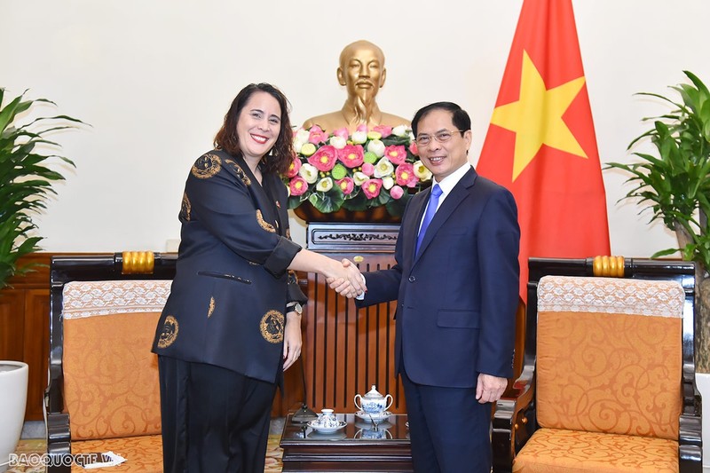 El ministro de Relaciones Exteriores vietnamita, Bui Thanh Son, y la embajadora de Nueva Zelanda en Hanói, Tredene Dobson. (Foto: baoquocte.vn)
