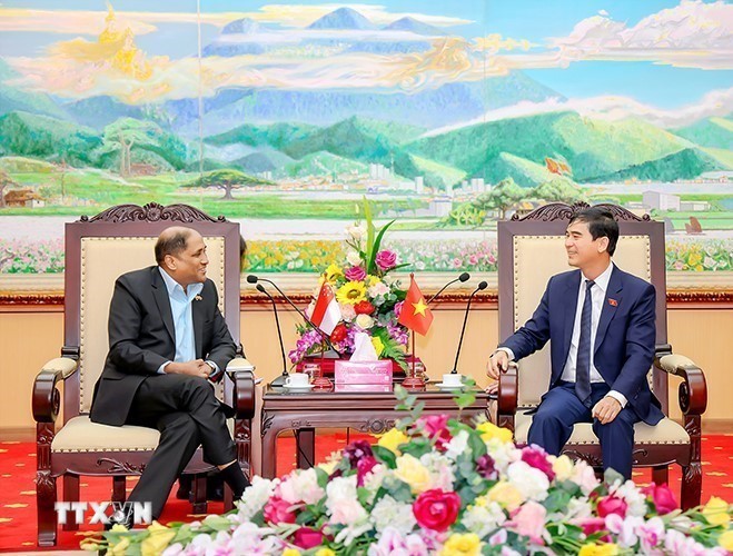 El secretario del Comité del Partido en Vinh Phuc, Duong Van An (en la derecha), recibe al embajador de Singapur, Jaya Ratman. (Foto:VNA)