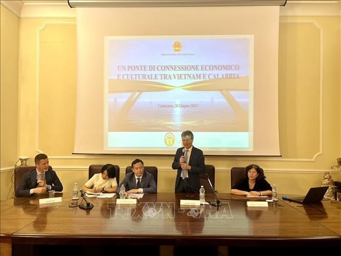 El embajador de Hanói en Roma, Duong Hai Hung, habla en el Foro de Conexión Vietnam-Calabria. (Foto:VNA)