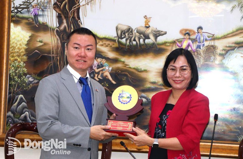 La vicepresidenta del Comité Popular de Dong Nai, Nguyen Thi Hoang, entrega regalo a la Asociación de Buena Voluntad Japón-Vietnam (Foto: baodongnai.com.vn)