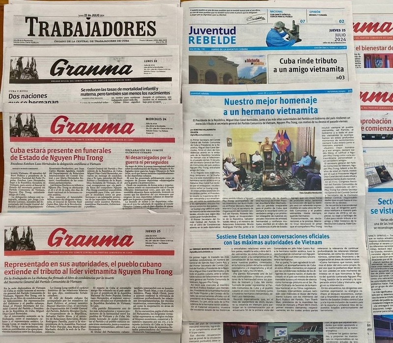 El diario Granma, órgano oficial del Comité Central del Partido Comunista de Cuba, dedica espacio a conmemoración del secretario general Nguyen Phu Trong. (Foto: VNA)