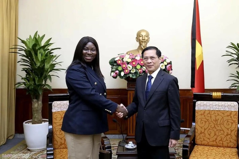 El ministro de Relaciones Exteriores de Vietnam, Bui Thanh Son, recibe a la secretaria de Estado de la cancillería de la República de Guinea-Bissau, Nancy Raisa Cardoso. (Foto: VNA)