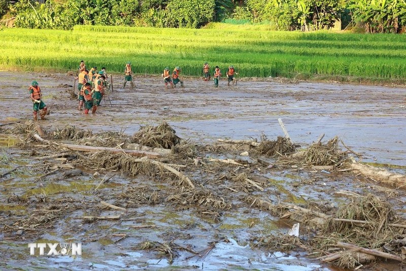 Fuerzas militares y policiales realizan tareas de búsqueda a las víctimas desaparecidas, debido a los deslizamientos de tierra en la aldea de Nu, comuna de Phuc Khanh, distrito de Bao Yen. (Foto: VNA)