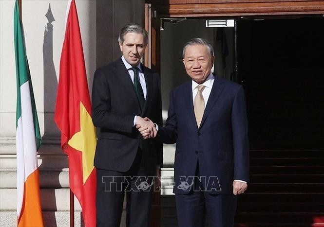 El secretario general del Partido Comunista de Vietnam y presidente del país, To Lam, y el primer ministro irlandés, Simon Harris. (Foto:VNA)