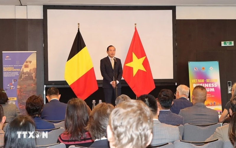 El embajador vietnamita en Bélgica y jefe de la delegación vietnamita ante la Unión Europea (UE), Nguyen Van Thao, habla en el foro (Foto: VNA)