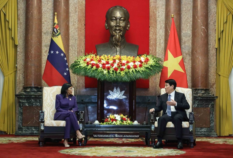 El presidente vietnamita, Luong Cuong, recibe a la vicepresidenta ejecutiva de Venezuela, Delcy Rodríguez Gómez. 