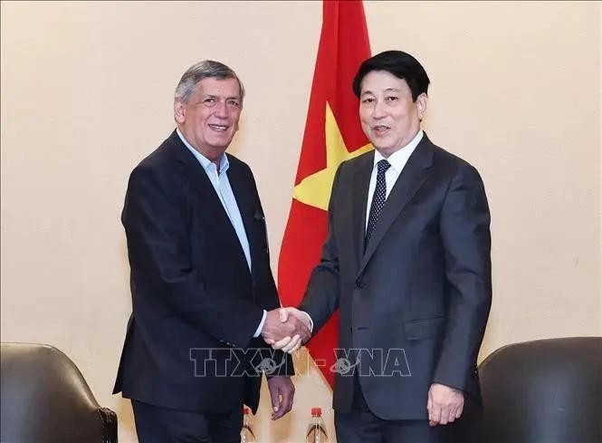 El presidente Luong Cuong (derecha) se reúne con el titular del Partido Comunista de Chile, Lautaro Carmona. (Foto: VNA)