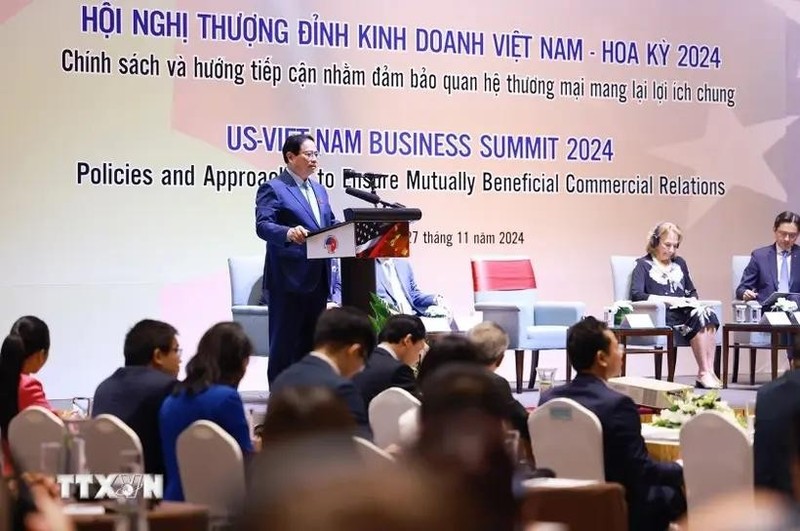 El primer ministro de Vietnam, Pham Minh Chinh, habla en la VII Cumbre Empresarial Vietnam - Estados Unidos. (Foto: VNA)