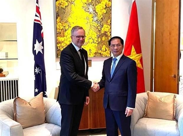 El ministro de Relaciones Exteriores de Vietnam, Bui Thanh Son (derecha), y el primer ministro australiano, Anthony Albanese. (Fotografía: VNA)