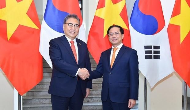 El ministro de Relaciones Exteriores de Vietnam, Bui Thanh Son (derecha), y su homólogo surcoreano, Park Jin. (Fotografía: baoquocte.vn)
