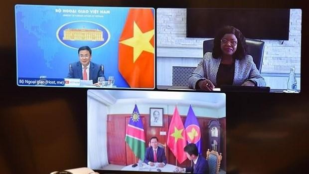 El viceministro de Relaciones Exteriores, Pham Quang Hieu, sostuvo conversaciones en línea con la viceministra de Relaciones Exteriores y Cooperación de Namibia, Jenelly Matundu. (Fotografía: VNA)