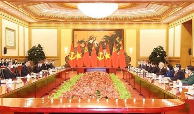 Panorama de la reunión entre el secretario general del Partido Comunista de Vietnam, Nguyen Phu Trong y el secretario general del Partido Comunista de China y presidente del país, Xi Jinping. (Fotografía: VNA)