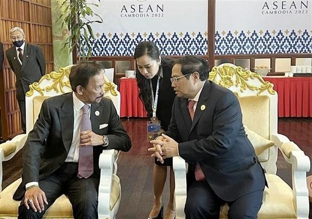 El primer ministro Pham Minh Chinh (derecha) se reúne con el Sultán Haji Hassanal Bolkiah de Brunei. (Fotografía: VNA)