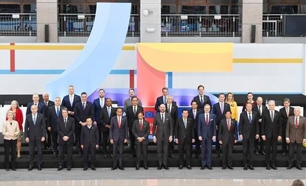 Los líderes de los países miembros de la Asean y la UE (Fotografía: VNA)