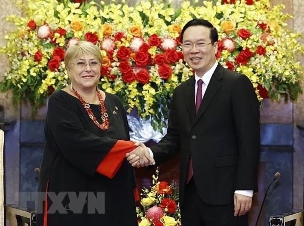 Expresidenta de Chile, Michelle Bachelet, con el presidente de Vietnam, Vo Van Thuong. (Fotografía: VNA)