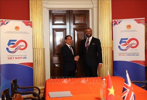 El ministro de Relaciones Exteriores de Vietnam, Bui Thanh Son, y su homólogo británico, James Cleverly (derecha) (Fotografía:VNA)