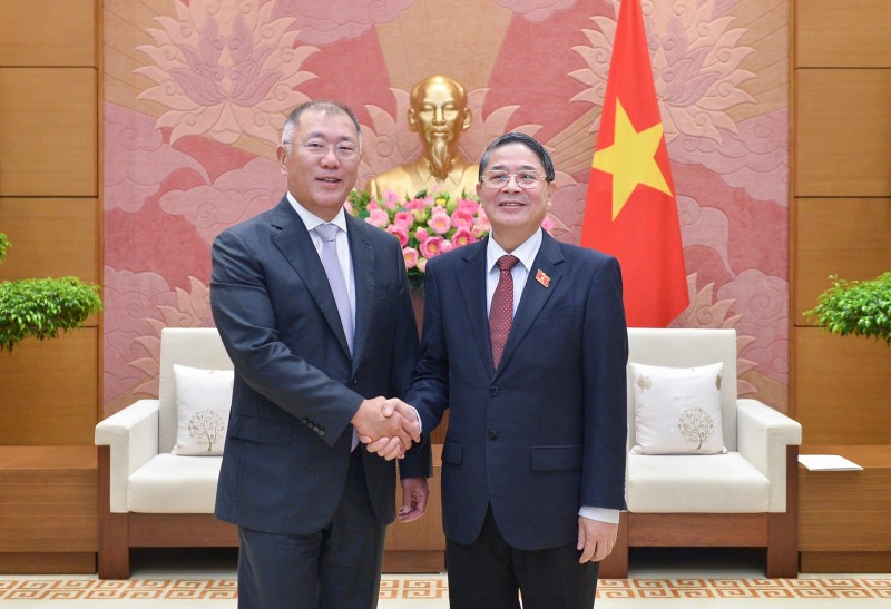 El vicepresidente de la Asamblea Nacional de Vietnam Nguyen Duc Hai recibe al presidente de Hyundai Motor Group, Chung Eui Sun. (Fotografía: daibieunhandan.vn)