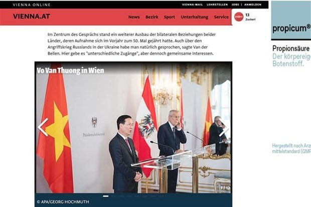 El sitio web Vienna.at informa sobre la visita oficial del presidente de Vietnam, Vo Van Thuong, a Austria (Fotografía: VNA)
